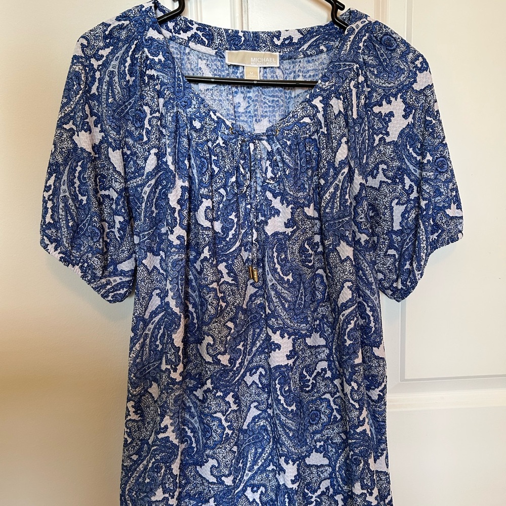 Michael Kors Blue and White Puff Sleeve Blouse